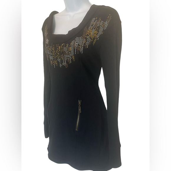 Apple Bottoms Women’s Black Hooded Tunic Dress Cutout Neck Rhinestones. Size:L. - Picture 5 of 10